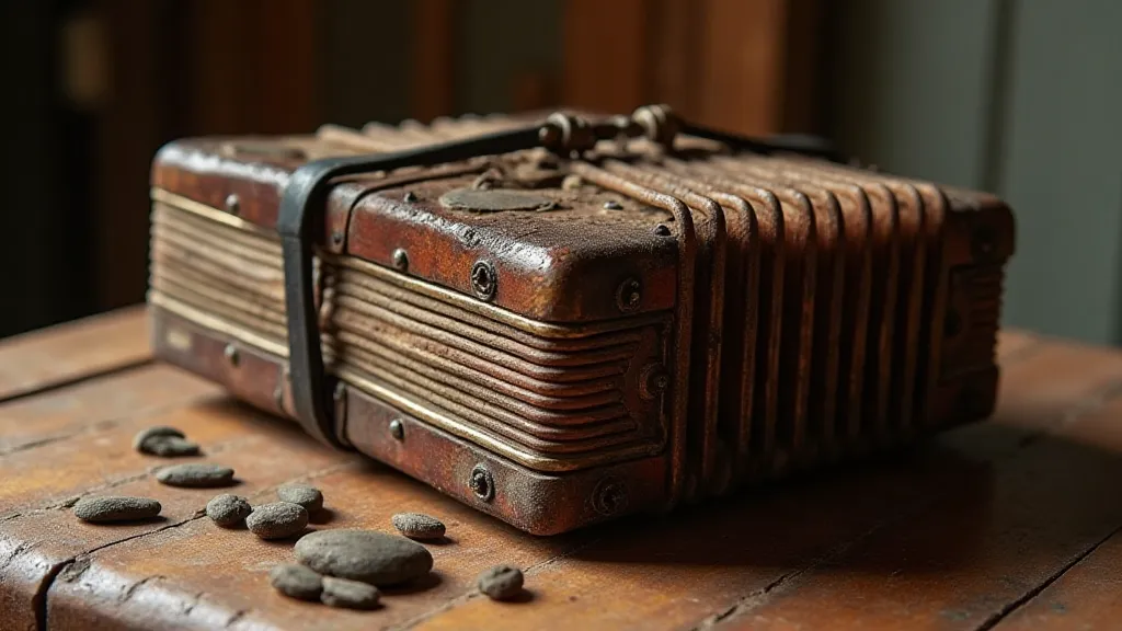Antique accordion on a wooden table