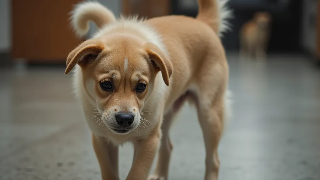 Dog with a low, tucked tail looking worried