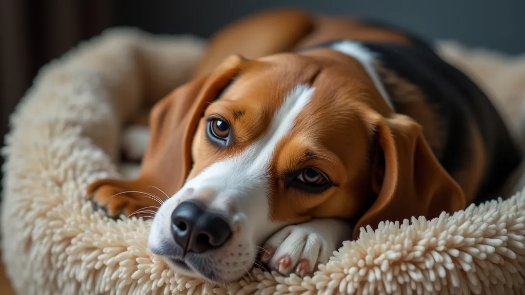 Beagle relaxing on a bed