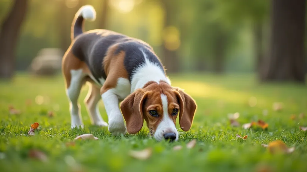 Beagle sniffing in a park