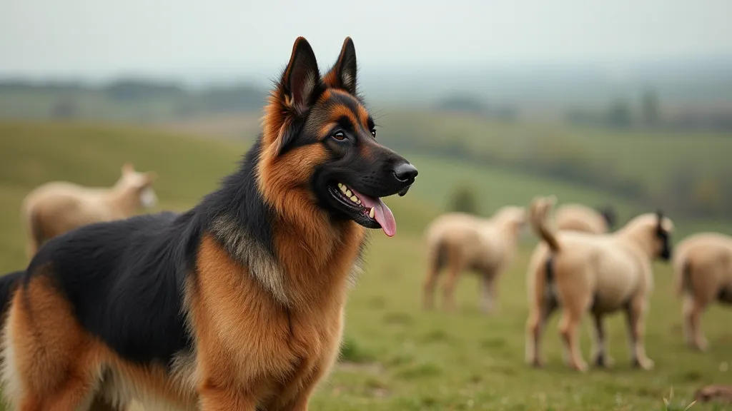 German Shepherd overlooking sheep