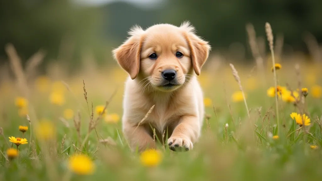 Golden Retriever puppy in a field of flowers