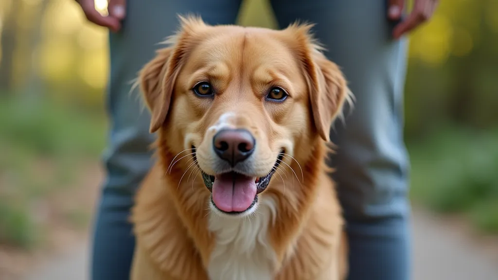 Healthy dog standing next to its owner.