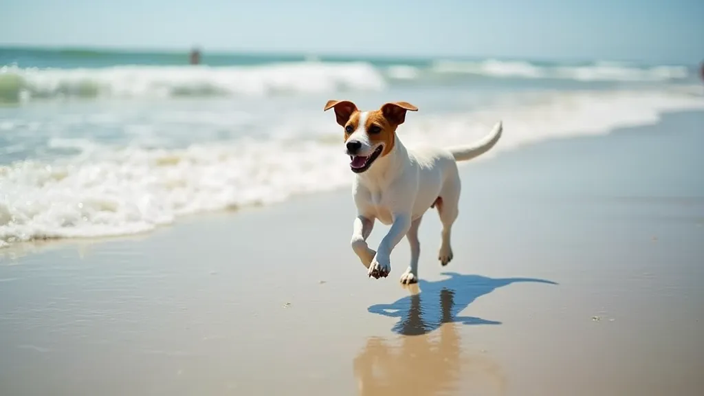 Jack Russell Terrier running on a beach