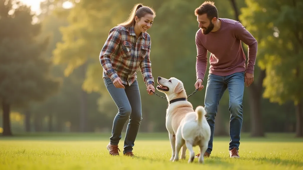 Family playing fetch with their Labrador Retriever