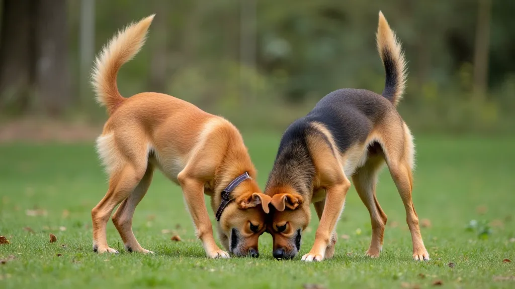 Dog bowing playfully during interaction with another dog