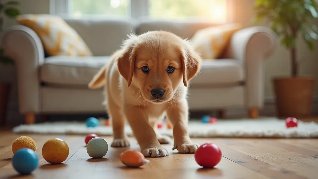 Golden retriever puppy exploring a living room