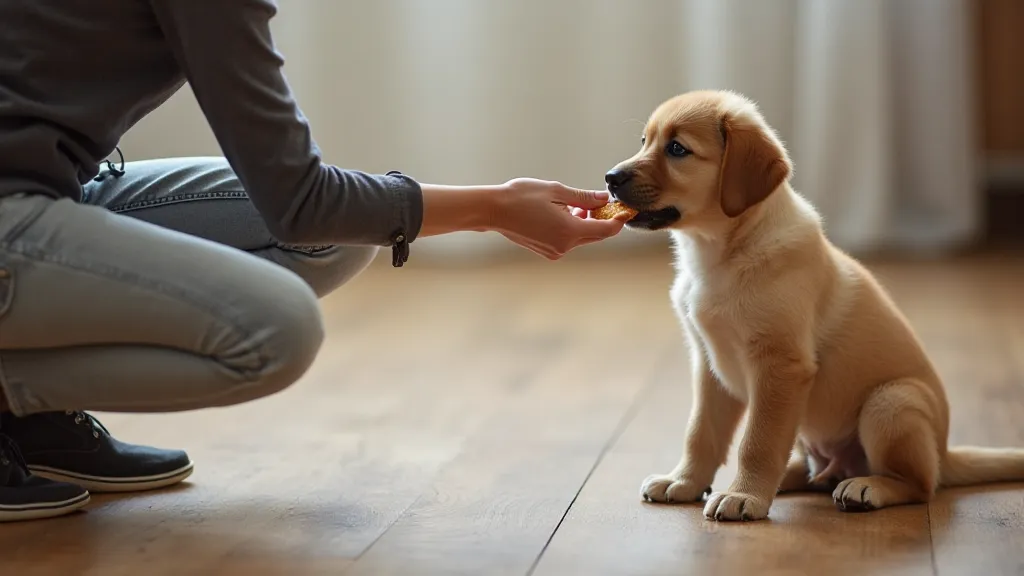 Person rewarding puppy for 'sit' command