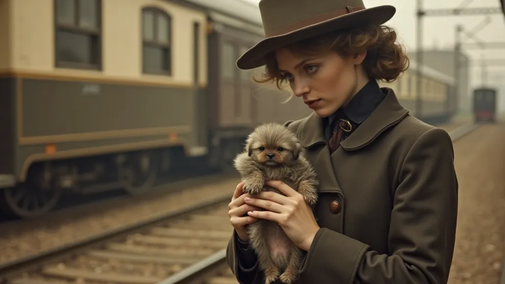Vintage photograph of a woman comforting a puppy