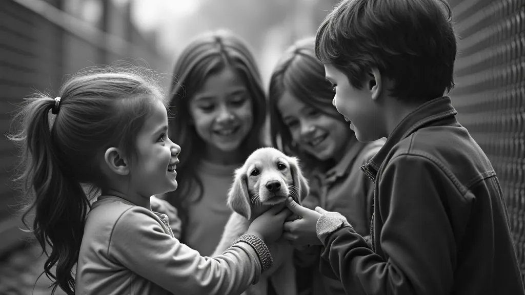 Children interacting with a rescued puppy